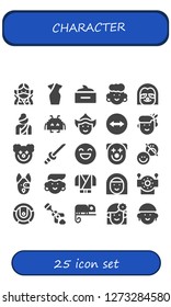  character icon set. 25 filled character icons. Simple modern icons about  - Ninja, Cheongsam, Hair mask, Avatar, Sloth, Woman, Space invaders, Team viewer, Clown, Katana, Happy