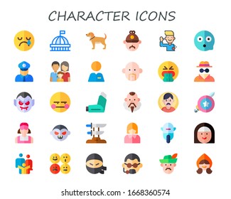 character icon set. 30 flat character icons. Included lonely, madame tussauds, dog, sherlock holmes, honest, scare, policeman, family, clerk, avatar, barf, invisible man icons