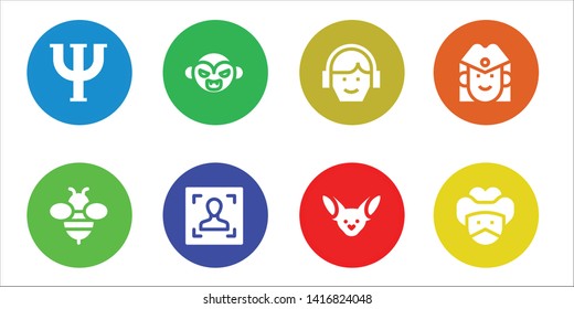 character icon set. 8 filled character icons.  Simple modern icons about  - Psi, Bee, Vampire, Face, Avatar, Fennec, Stewardess, Bandit