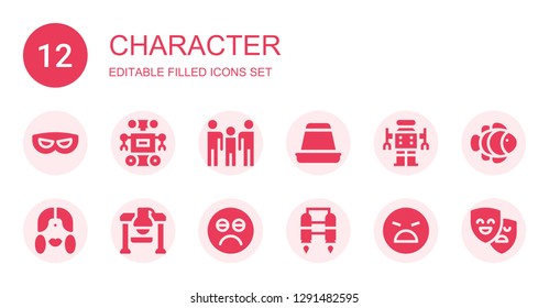 character icon set. Collection of 12 filled character icons included Mask, Robot, Family, Creme caramel, Woman, Sad, Jet pack, Angry, Clown fish, Masks