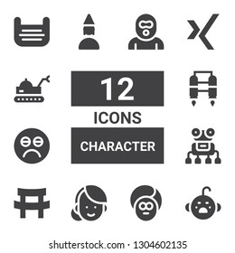 character icon set. Collection of 12 filled character icons included Cry, Face, Woman, Katana, Robot, Sad, Jet pack, Birthday girl, Xing, Mask, Burglar