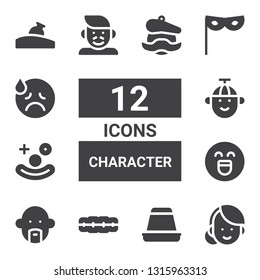 character icon set. Collection of 12 filled character icons included Woman, Creme caramel, Brackets, Avatar, Emotion, Clown, Boy, Father, Mask, Sad, Relics, Artist