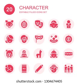 character icon set. Collection of 20 filled character icons included Fox, Durian, Masks, Avatar, Bust, Woman, Face, Mask, Clown, Dog, Alpaca, Brackets, Sad, Emergency call, Caterpillar