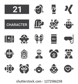 character icon set. Collection of 21 filled character icons included Expresso, Clown, Cry, Mask, Clown fish, Ninja, Koala, Burglar, Portrait, Science fiction, Emergency call, Jet pack