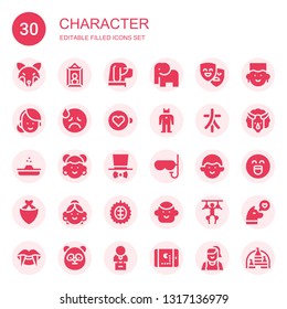 character icon set. Collection of 30 filled character icons included Fox, Portrait, Dog, Elephant, Masks, Woman, Sad, Expresso, Robot, Characters, Poop, Avatar, Costume, Mask
