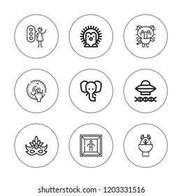 Character icon set. collection of 9 outline character icons with ancient aliens, bionic, claustrophobia, elephant, easter bunny, hedgehog, kitty, mask icons. editable icons.