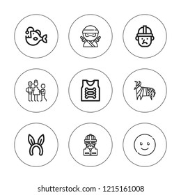 Character icon set. collection of 9 outline character icons with angler, animal, architect, armor, burglar, headband, family, happy icons. editable icons.