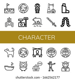 character icon set. Collection of Birdie, Robot, Woman, Scratching post, Sarcophagus, Polar bear, Katana, Inhaler, Caterpillar, Dog, Baby tub, Owl, Puppet, Chatbot, Dab icons