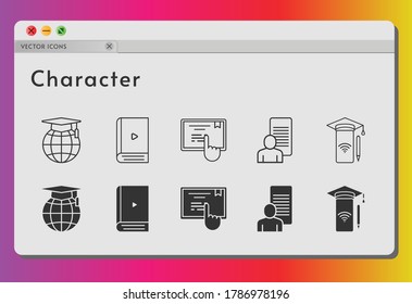 character icon set. included study, ebook, smartphone, school, touchscreen icons on white background. linear, filled styles.