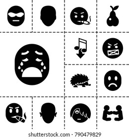 Character icons. set of 13 editable filled character icons such as face, emo emot, angry emot, baby playing with another baby, pear, hedgehog, eating mouth