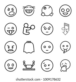 Character icons. set of 16 editable outline character icons such as hairdresser peignoir, smiling emot, crazy emot, emoji showing tongue, dancing emoji, baby playing with toy