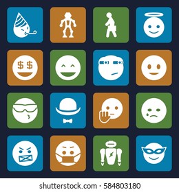 character icons set. Set of 16 character filled icons such as smiling emot, laughing emot, emoji in mask, emoji angel, dollar smiley, rolling eyes emoji, man with case
