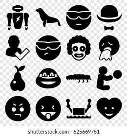 Character icons set. set of 16 character filled icons such as seal, cool emot in sunglasses, angry emot, ninja, pear, caterpillar, heart face, hat and moustache, robot, clown