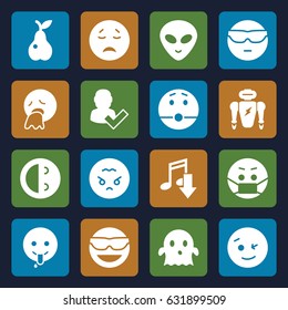Character icons set. set of 16 character filled icons such as wink emot, emot in sun glasses, ghost, emoji in mask, emoji showing tongue, angry emoji, alien head, pear, robot