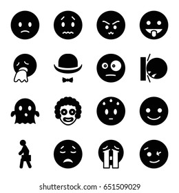Character icons set. set of 16 character filled icons such as smiling emot, wink emot, ghost, crying emoji, man with case, hat and moustache