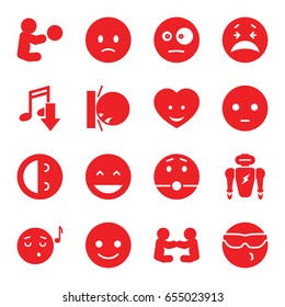 Character icons set. set of 16 character filled icons such as smiling emot, laughing emot, emoji listening music, heart face, robot, eating mouth, baby playing with toy