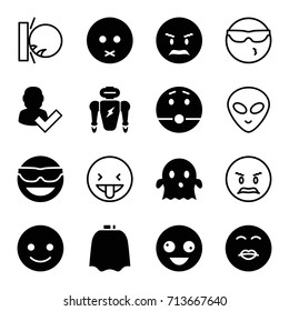 Character icons set. set of 16 character filled and outline icons such as hairdresser peignoir, smiling emot, crazy emot, ghost, robot, alien head