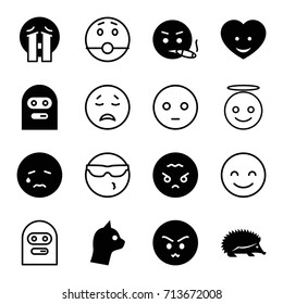 Character icons set. set of 16 character filled and outline icons such as hedgehog, crying emot, angry emot, crying emoji, angry emoji, heart face, emoji angel