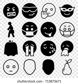 Character icons set. set of 16 character filled and outline icons such as face, hairdresser peignoir, emoji in mask, cool emot in sunglasses, emot showing tongue, crying emoji