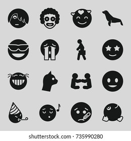 Character icons set. set of 16 character filled icons such as seal, smiling emot, emot in sun glasses, emoji listening music, happe emoji with star eyes, man with case, clown