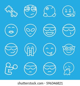 character icons set. Set of 16 character outline icons such as emoji in mask, emot in sun glasses, cool emot in sunglasses, crying emoji, alien head, baby playing with toy