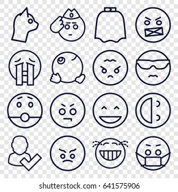 Character icons set. set of 16 character outline icons such as hairdresser peignoir, laughing emot, cool emot in sunglasses, crying emoji, emoji in mask, user and tick