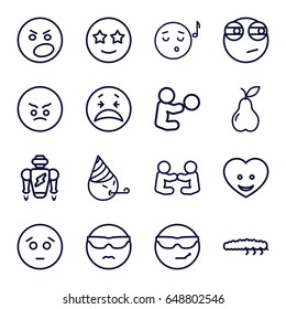 Character icons set. set of 16 character outline icons such as pear, caterpillar, heart face, sad emot, crying emot, emoji listening music, happe emoji with star eyes