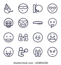 Character icons set. set of 16 character outline icons such as caterpillar, laughing emot, emot in sun glasses, crying emoji, emoji showing tongue, baby playing with toy