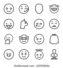 Character icons set. set of 16 character outline icons such as face, hairdresser peignoir, bust, smiling emot, wink emot, emoji in mask, emoji angel