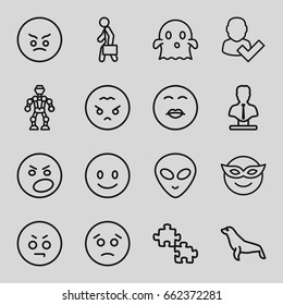 Character icons set. set of 16 character outline icons such as seal, bust, man with case, smiling emot, emoji in mask, sad emot, ghost, angry emoji, alien head, user and tick