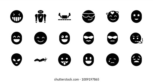 Character icons. set of 18 editable filled character icons: laughing emot, smiling emot, robot, happe emoji with star eyes, alien head