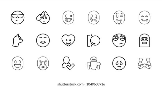 Character icons. set of 18 editable outline character icons: user and tick, cool emot in sunglasses, angry emot, rolling eyes emoji, cat, heart face, robot