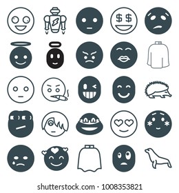 Character icons. set of 25 editable filled and outline character icons such as sad emot, crying emot, emoji angel, shy emoji, ninja, hedgehog, seal, hairdresser peignoir