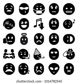 Character icons. set of 25 editable filled character icons such as crying emot, angry emot, emoji listening music, emoji in mask, alien head, eating mouth, emoji angel