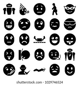 Character icons. set of 25 editable filled character icons such as emoji in mask, sad emot, cool emot in sunglasses, robot, man with case, user and tick