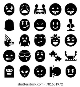 Character icons. set of 25 editable filled character icons such as bust, laughing emot, wink emot, dollar smiley, puzzle, robot, hairdresser peignoir, ghost, crying emoji