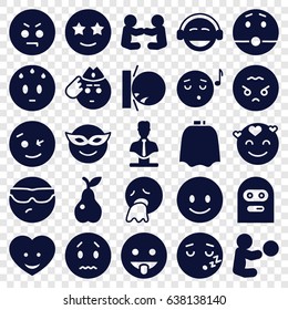 Character icons set. set of 25 character filled icons such as hairdresser peignoir, bust, smiling emot, wink emot, emoji in mask, emoji listening music, pear, heart face