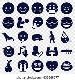 Character icons set. set of 25 character filled icons such as hedgehog, seal, smiling emot, emot in sun glasses, dollar smiley, crying emoji, emoji in mask
