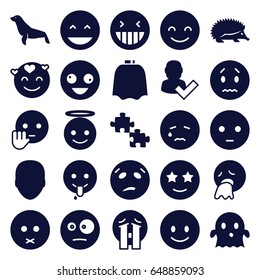 Character icons set. set of 25 character filled icons such as hedgehog, seal, face, hairdresser peignoir, crazy emot, laughing emot, emoji angel, ghost