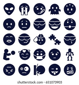 Character icons set. set of 25 character filled icons such as emot in sun glasses, sad emot, emoji showing tongue, ghost, crying emoji, alien head, robot