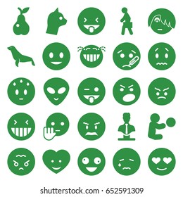 Character icons set. set of 25 character filled icons such as seal, bust, smiling emot, crazy emot, emoji showing tongue, angry emoji, alien head, pear, heart face