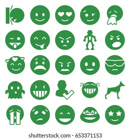Character icons set. set of 25 character filled icons such as dog, smiling emot, laughing emot, emoji showing tongue, ghost, happe emoji with star eyes, crying emoji, ninja