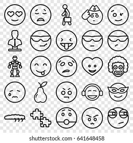 Character icons set. set of 25 character outline icons such as bust, pear, caterpillar, heart face, man with case, wink emot, emoji in mask, crying emot, emoji