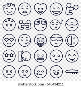 Character icons set. set of 25 character outline icons such as caterpillar, heart face, laughing emot, sad emot, emoji listening music, happe emoji with star eyes