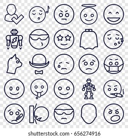 Character icons set. set of 25 character outline icons such as face, hairdresser peignoir, hat and moustache, smiling emot, laughing emot, emoji angel, emoji listening music