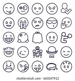 Character icons set. set of 25 character outline icons such as hedgehog, hairdresser peignoir, hat and moustache, smiling emot, laughing emot, emoji showing tongue