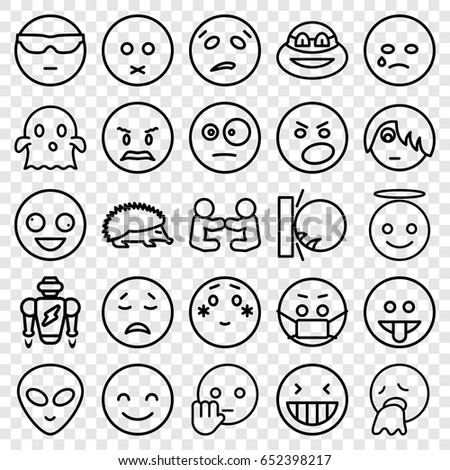 Character icons set. set of 25 character outline icons such as hedgehog, crazy emot, laughing emot, emoji angel, shy emoji, ghost, emoji in mask, alien head, ninja, robot