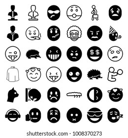 Character icons. set of 36 editable filled and outline character icons such as hedgehog, bust, crazy emot, laughing emot, emoji, dollar smiley, cat, emoji showing tongue