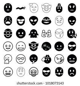 Character icons. set of 36 editable filled and outline character icons such as smiling emot, angry emot, ghost, emoji showing tongue, alien head, ninja, clown