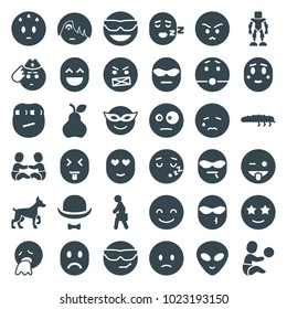 Character icons. set of 36 editable filled character icons such as smiling emot, emoji in mask, emot in sun glasses, emoji showing tongue, alien head, caterpillar